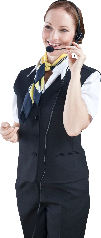 Frau im Anzug mit Headset und gelbem Schal spricht lächelnd.