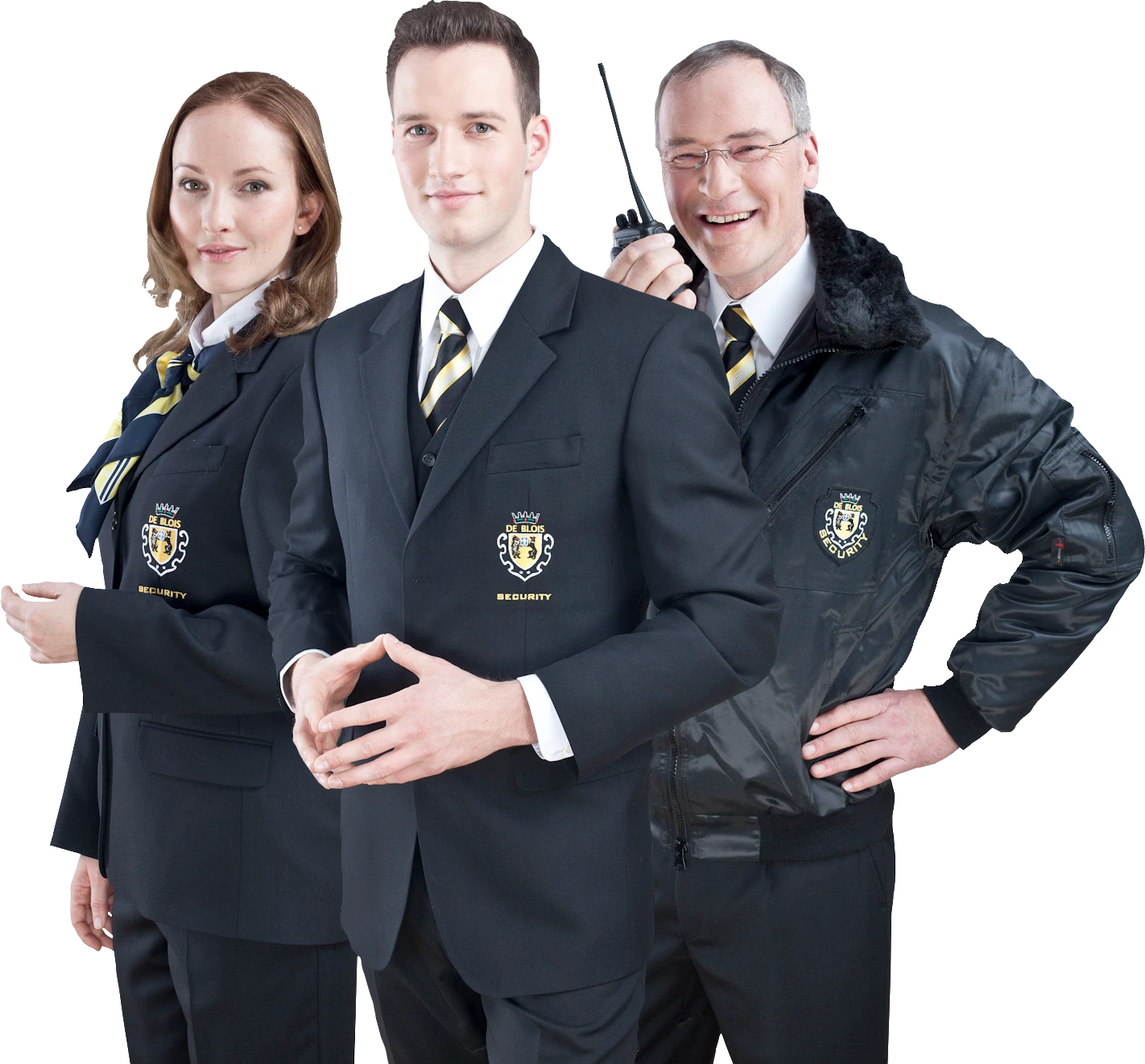 Drei Personen in Sicherheitsuniformen, zwei tragen Anzüge, eine eine Jacke mit Funkgerät. Alle tragen Krawatten.