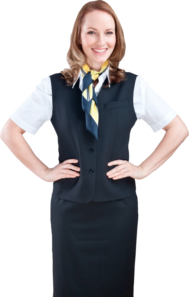 Eine lächelnde Frau in Uniform mit Krawatte und Weste, Hände in die Hüften gestützt, vor weißem Hintergrund.